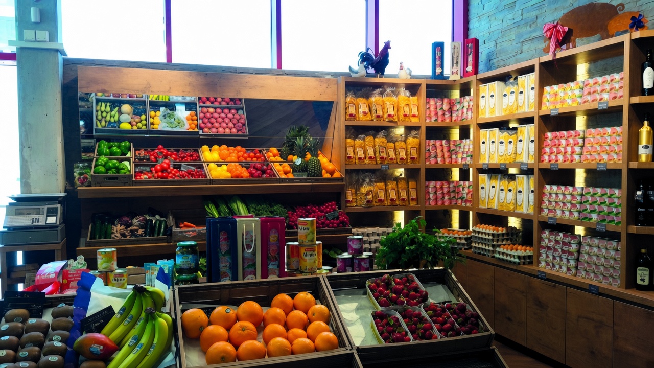 Obst- und Gemüsestand in Huber’s Markthalle